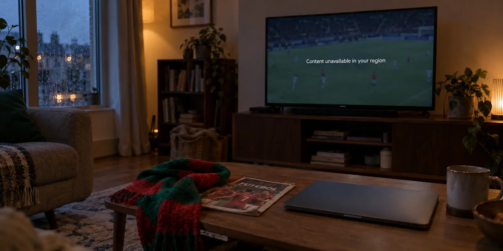A Portuguese football broadcast blocked by region on a television in a home abroad