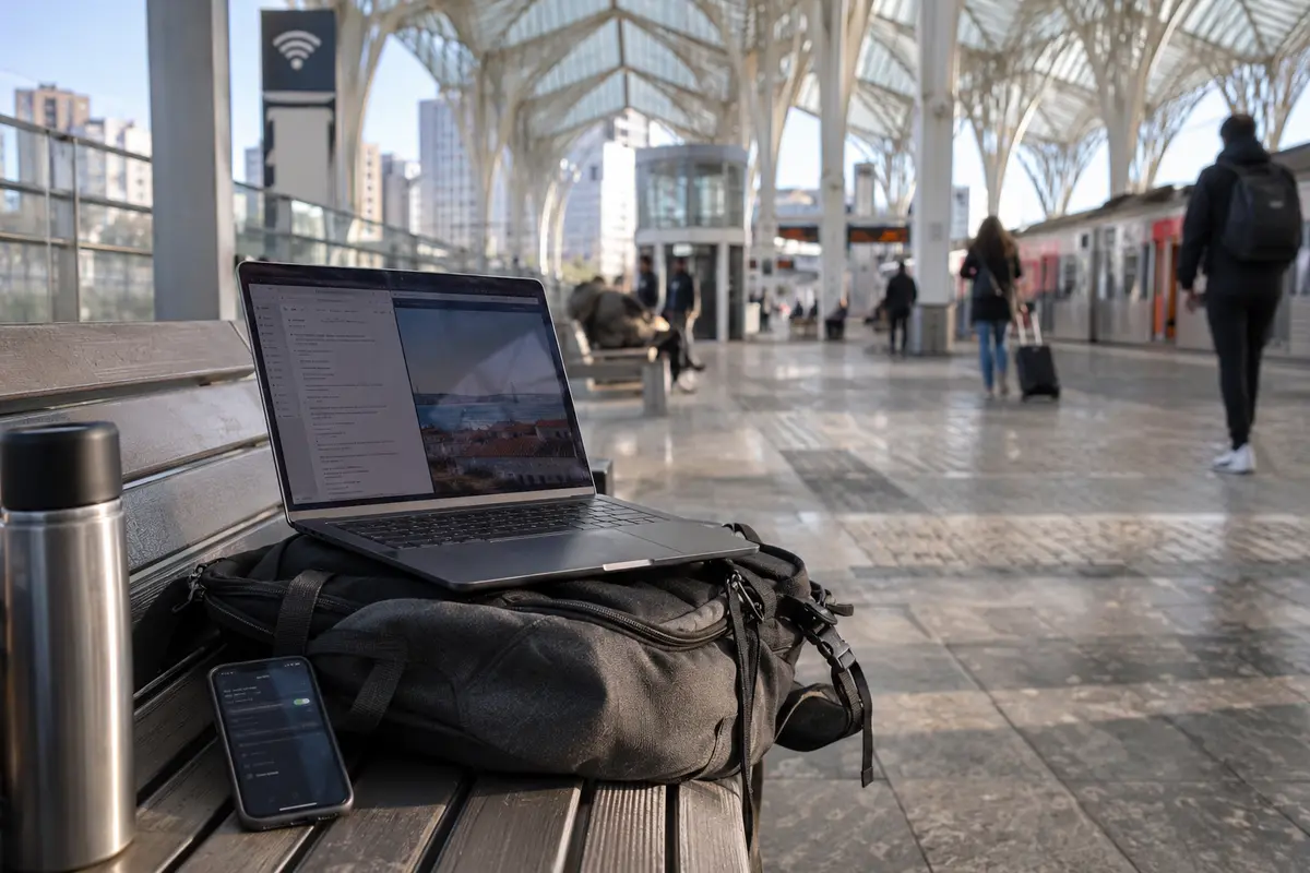 A laptop and phone hotspot set up during a journey through Lisbon Oriente station