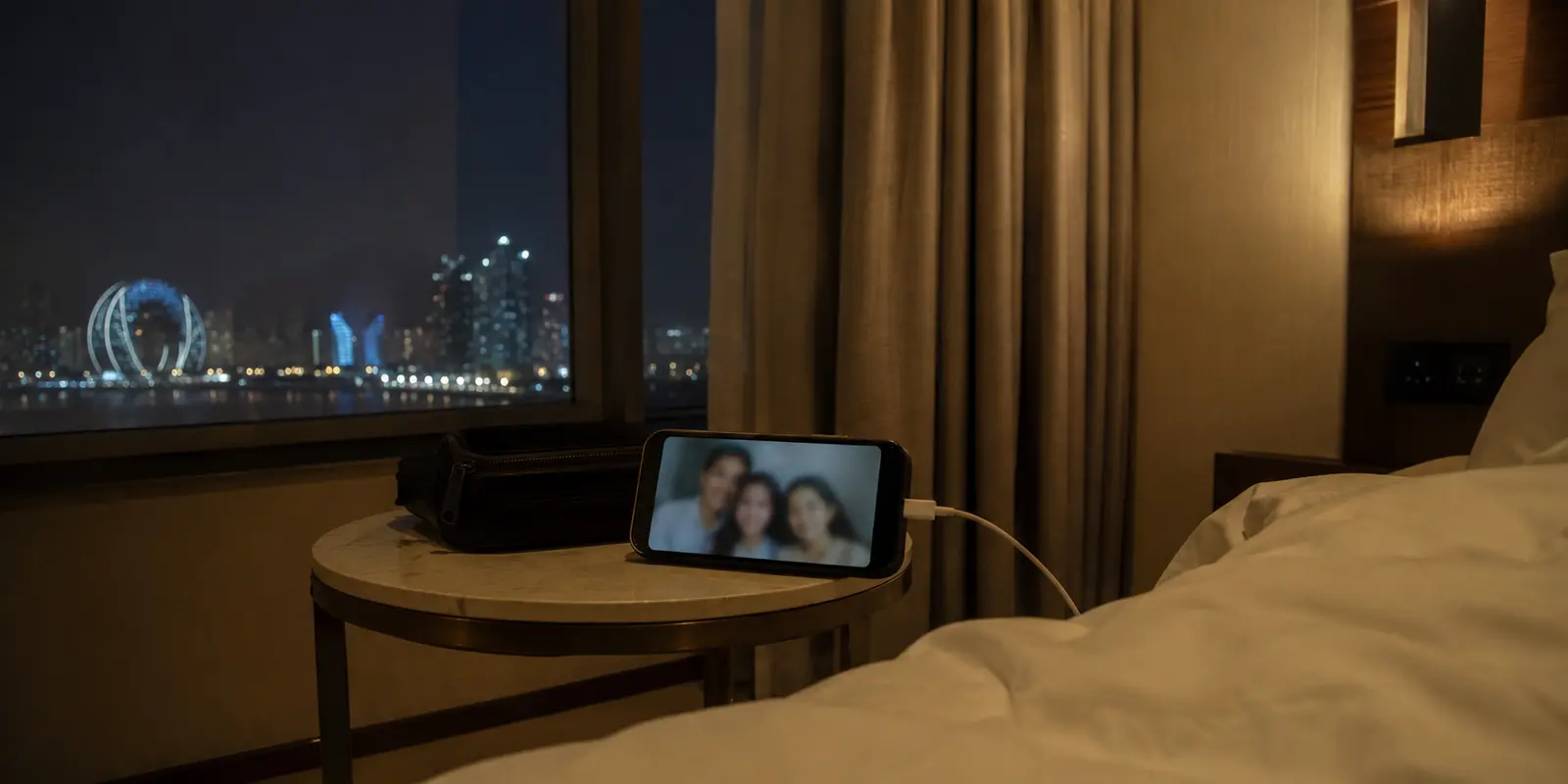 A phone with a frozen video call beside a Doha hotel-room window at night