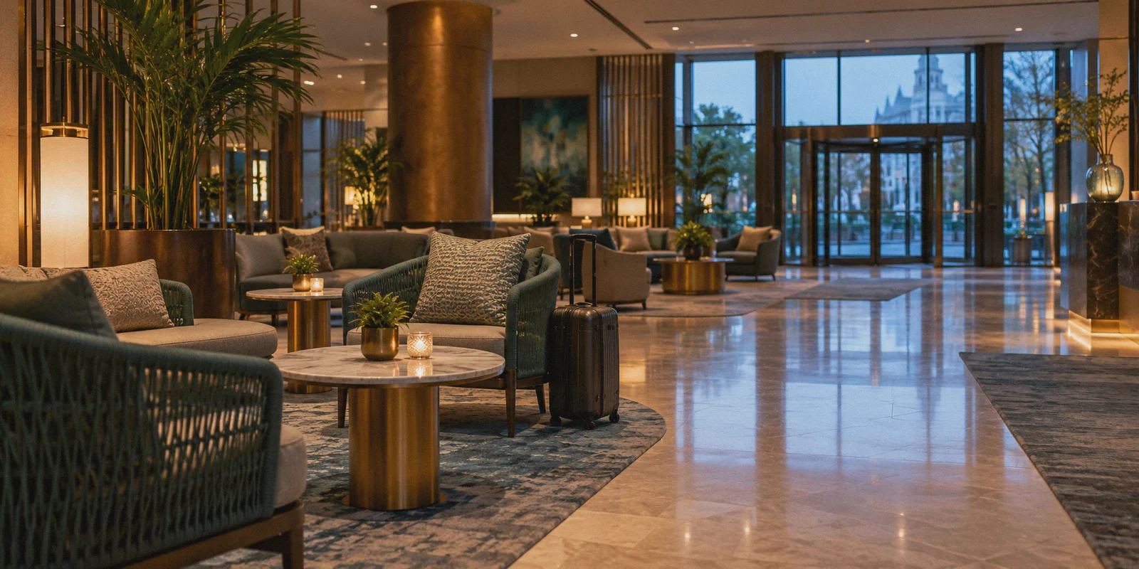 An empty work area and carry-on suitcase in a hotel lobby.
