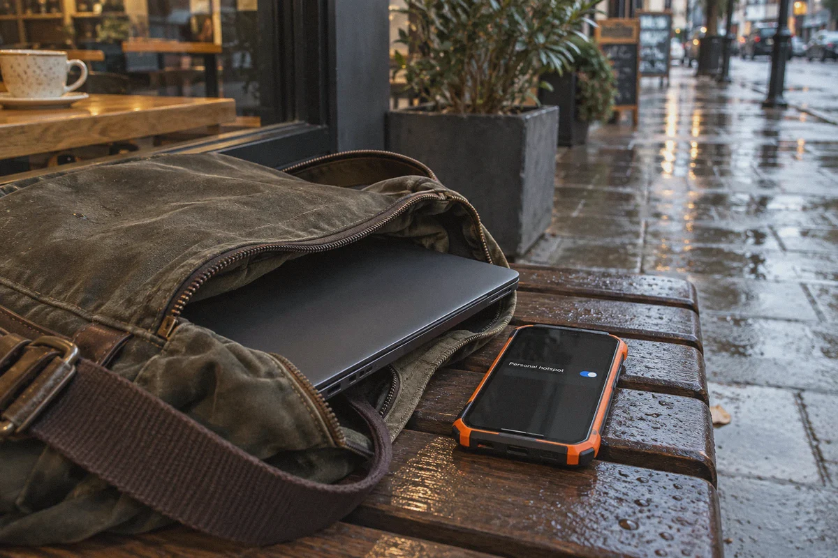 A closed work laptop and phone hotspot outside a café.