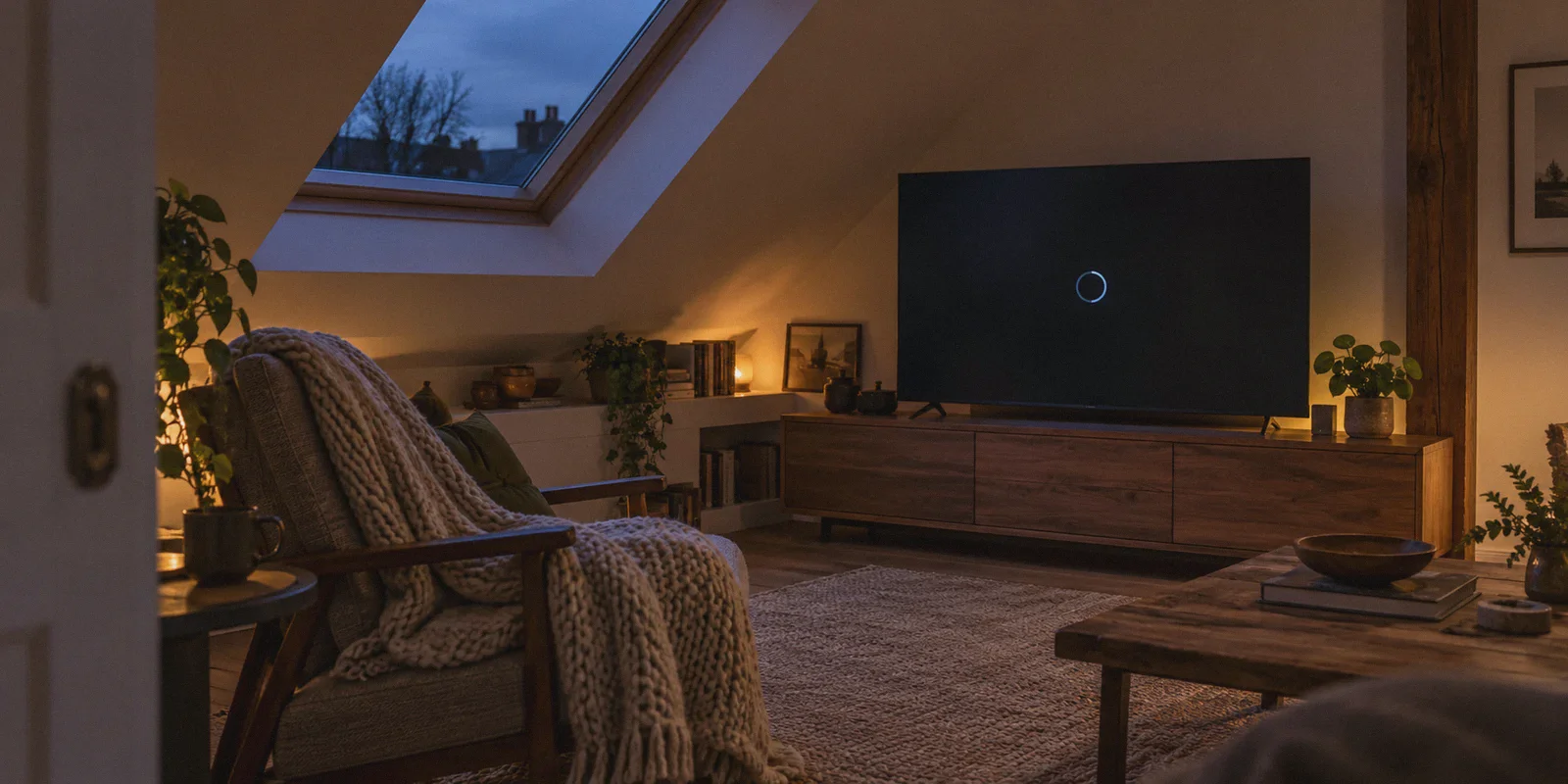 A buffering television in an attic sitting room.