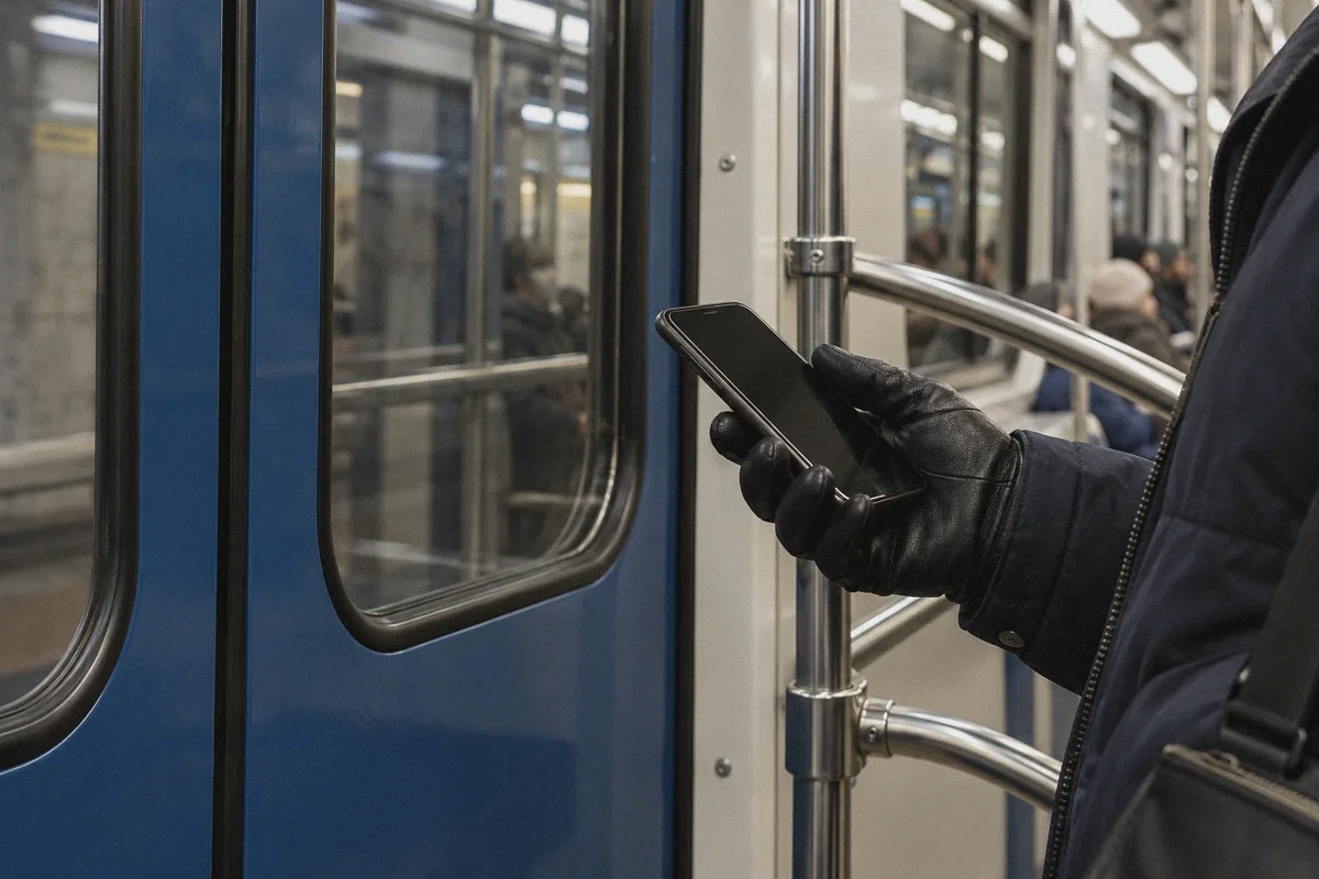 A passenger holding a smartphone inside a Moscow metro carriage.