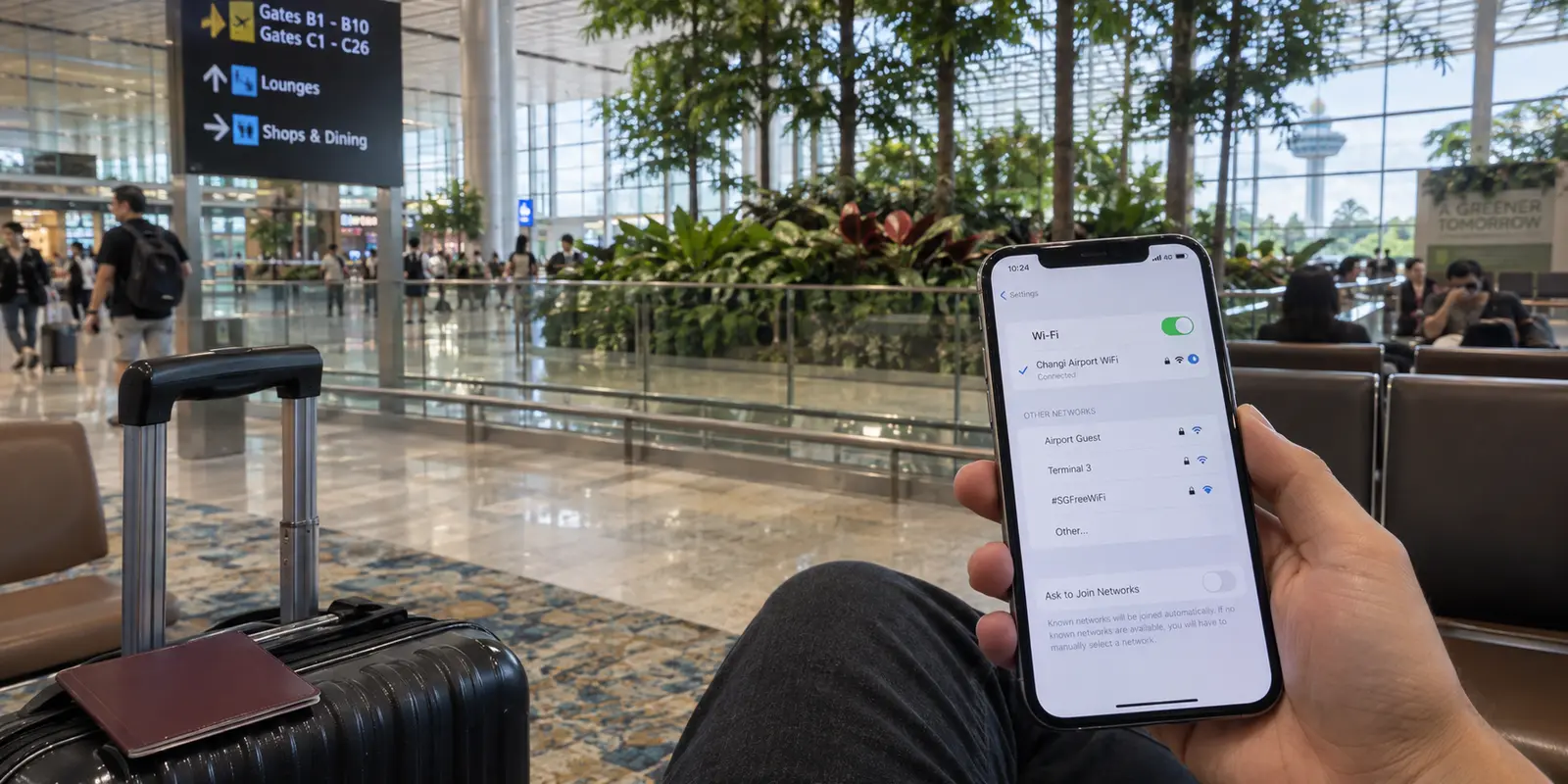 Traveler connecting a phone to public Wi-Fi at Singapore Changi Airport