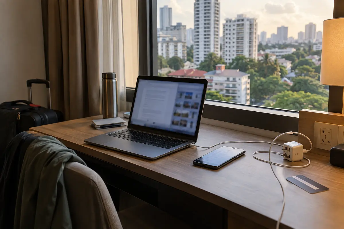 Laptop and phone set up on a Singapore hotel desk beside travel essentials