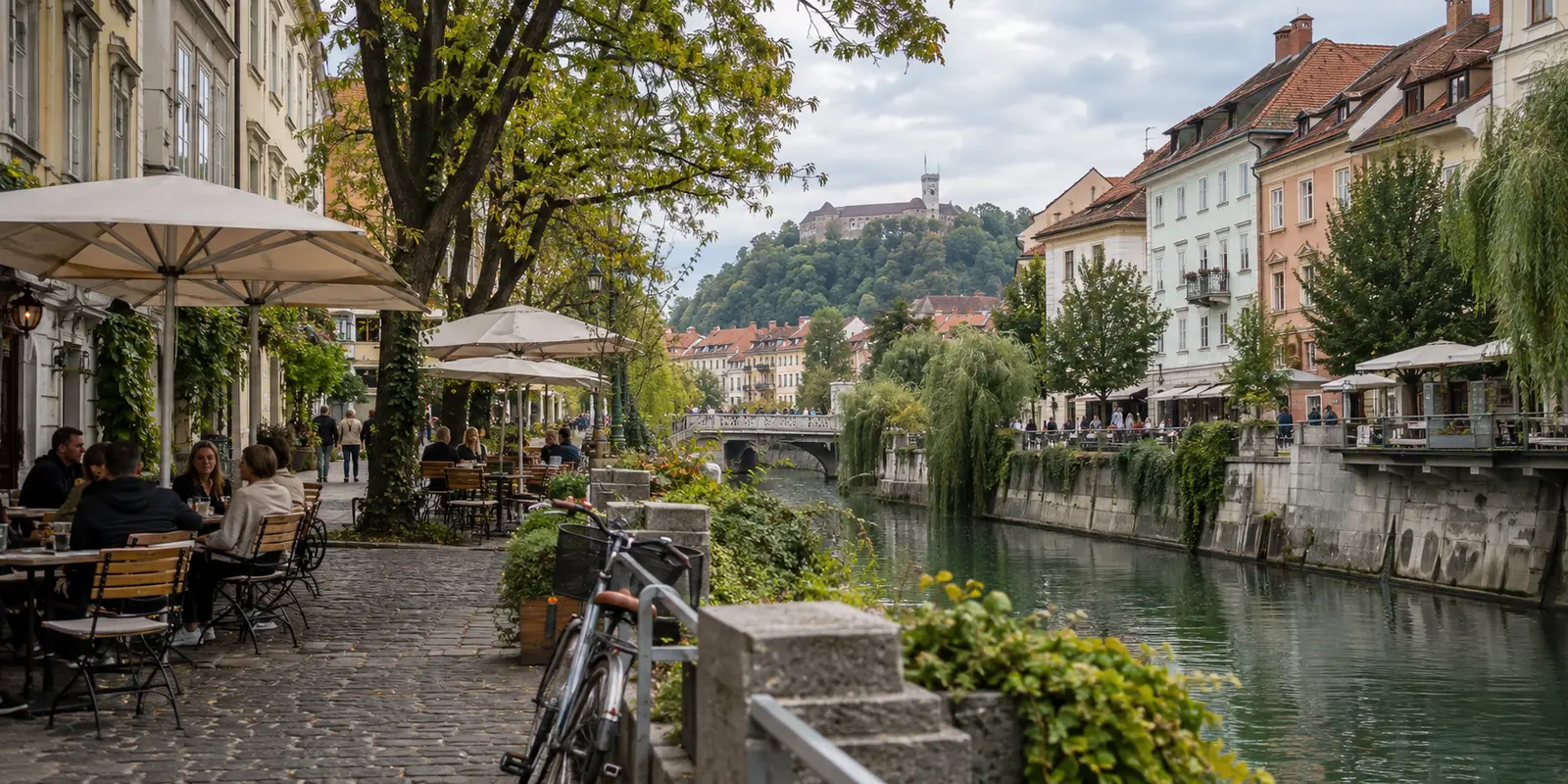 Riverside cafés and bicycles along the Ljubljanica in Ljubljana