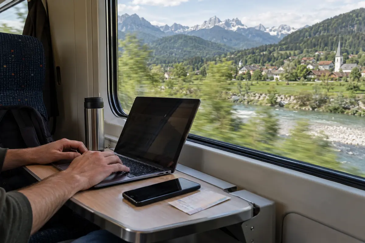 A traveler using a laptop on a regional train through the Slovenian Alps