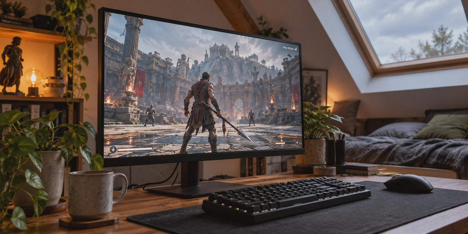 Arena game on a desktop monitor with high latency.
