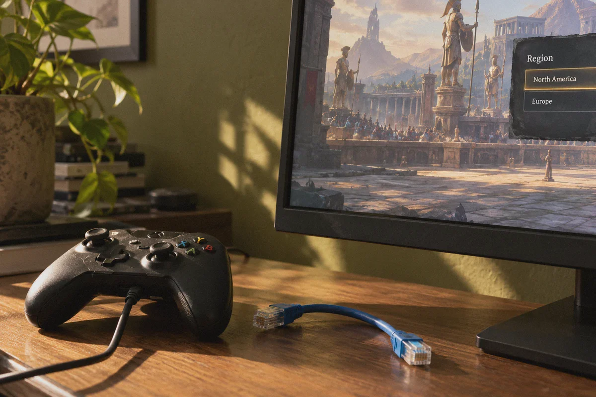 Region selection beside wired gaming equipment.