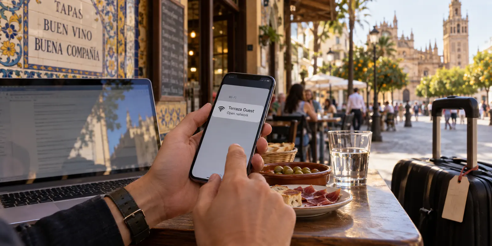 A traveler joins an open terrace Wi-Fi network at a tapas bar in Spain.