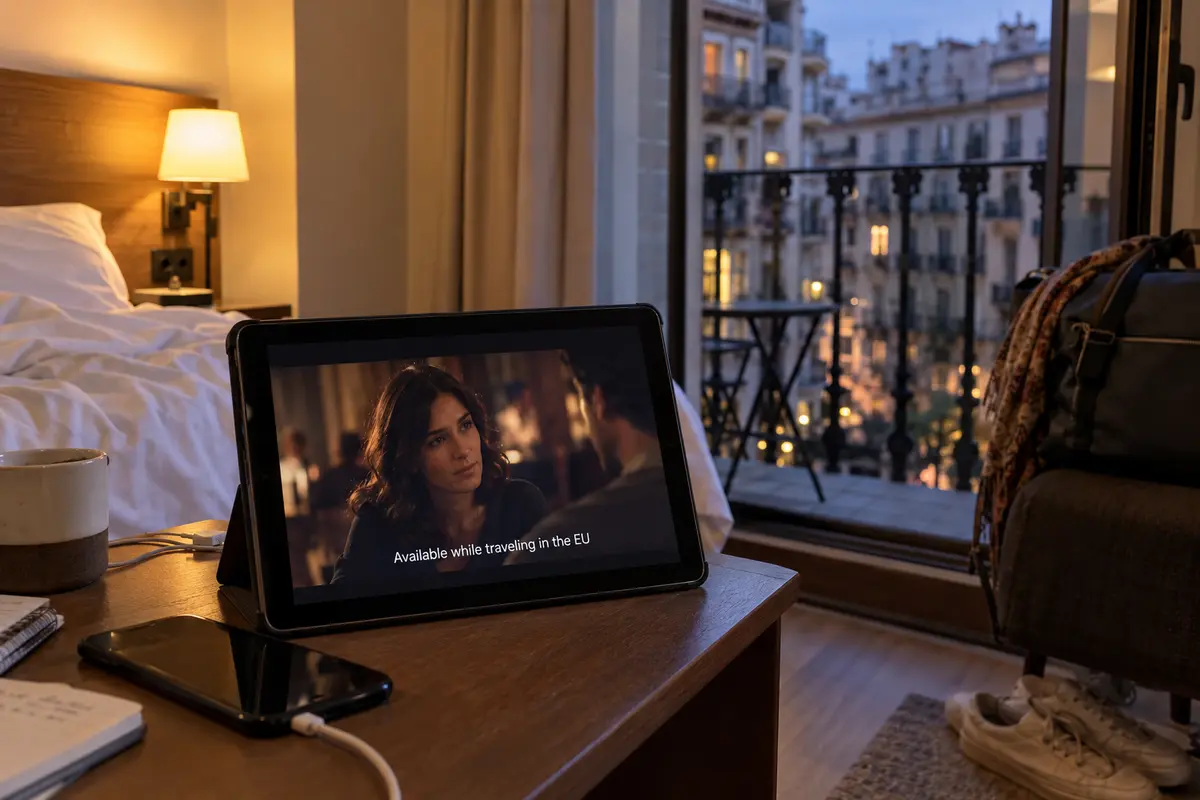 A paid streaming service plays normally for an EU traveler in a Barcelona hotel.