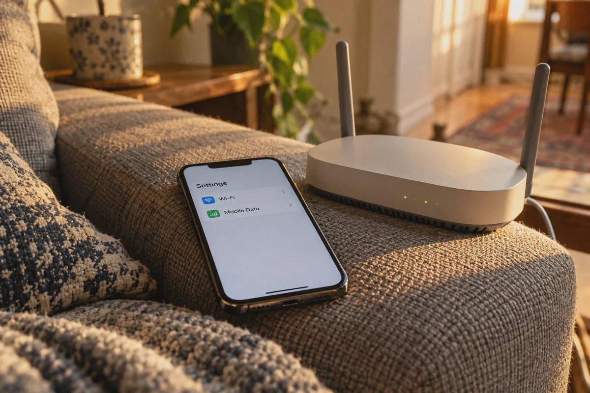 A phone beside a home wireless access point.