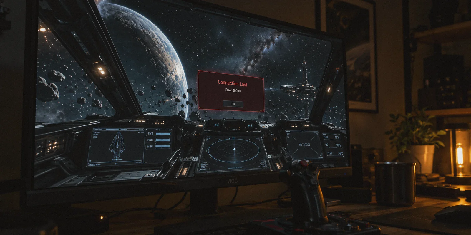 A space-simulation game displaying Connection Lost and Error 30000.