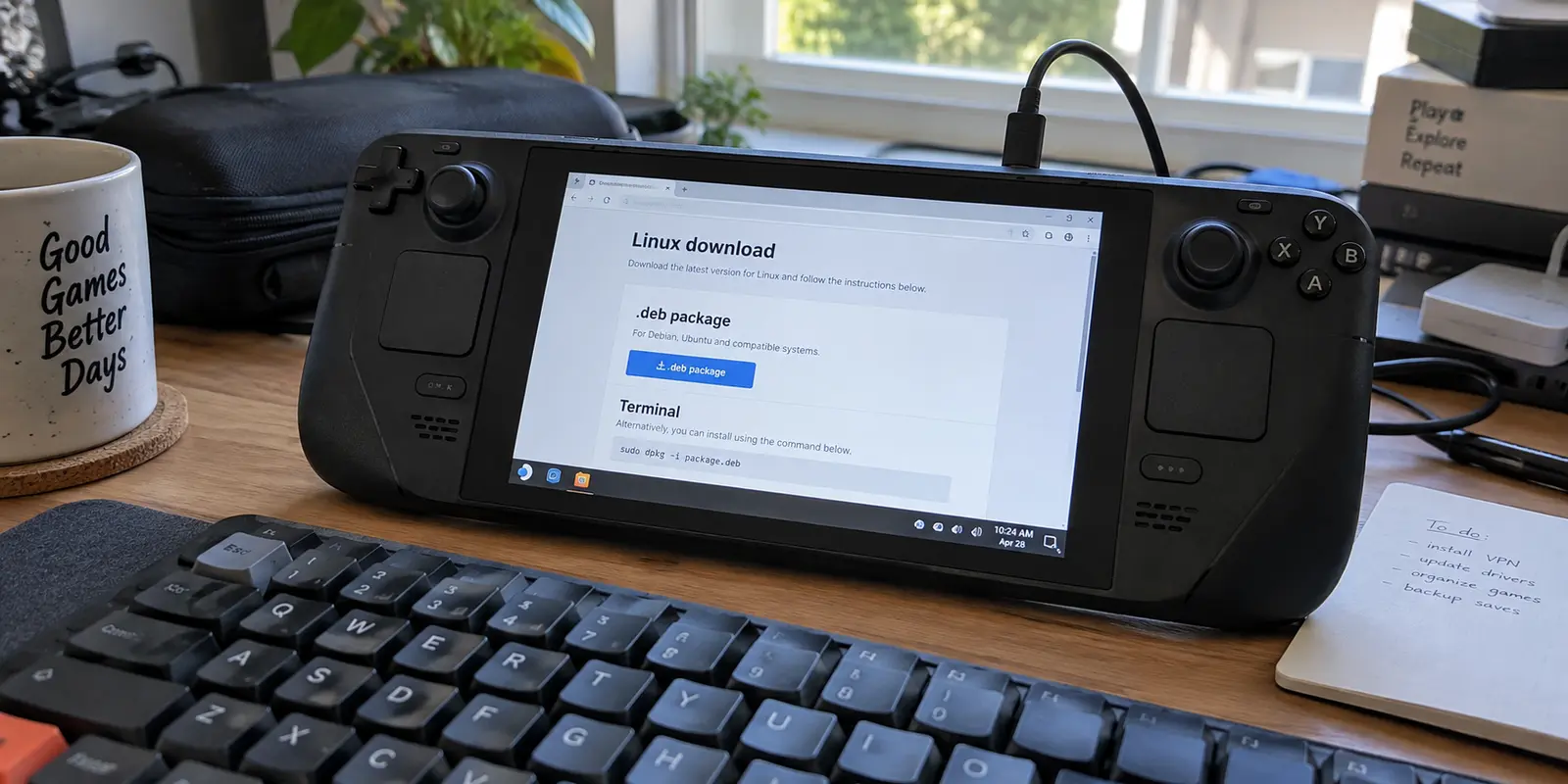 A handheld gaming PC faces a raw Linux package and terminal instructions instead of a simple app