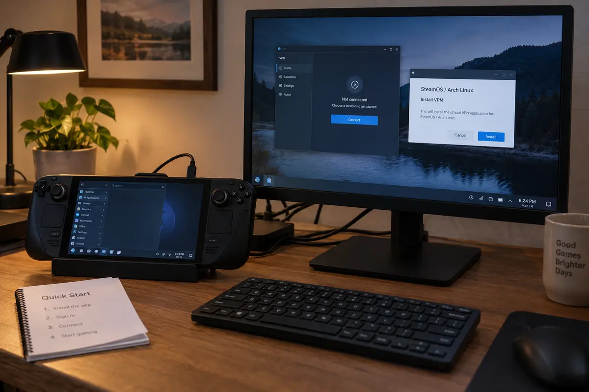 A docked handheld gaming PC uses a graphical VPN installer made for SteamOS and Arch Linux