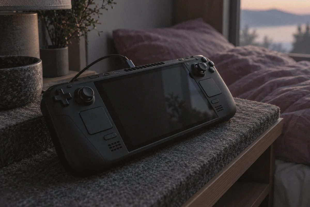 Handheld console asleep with its charging cable attached.