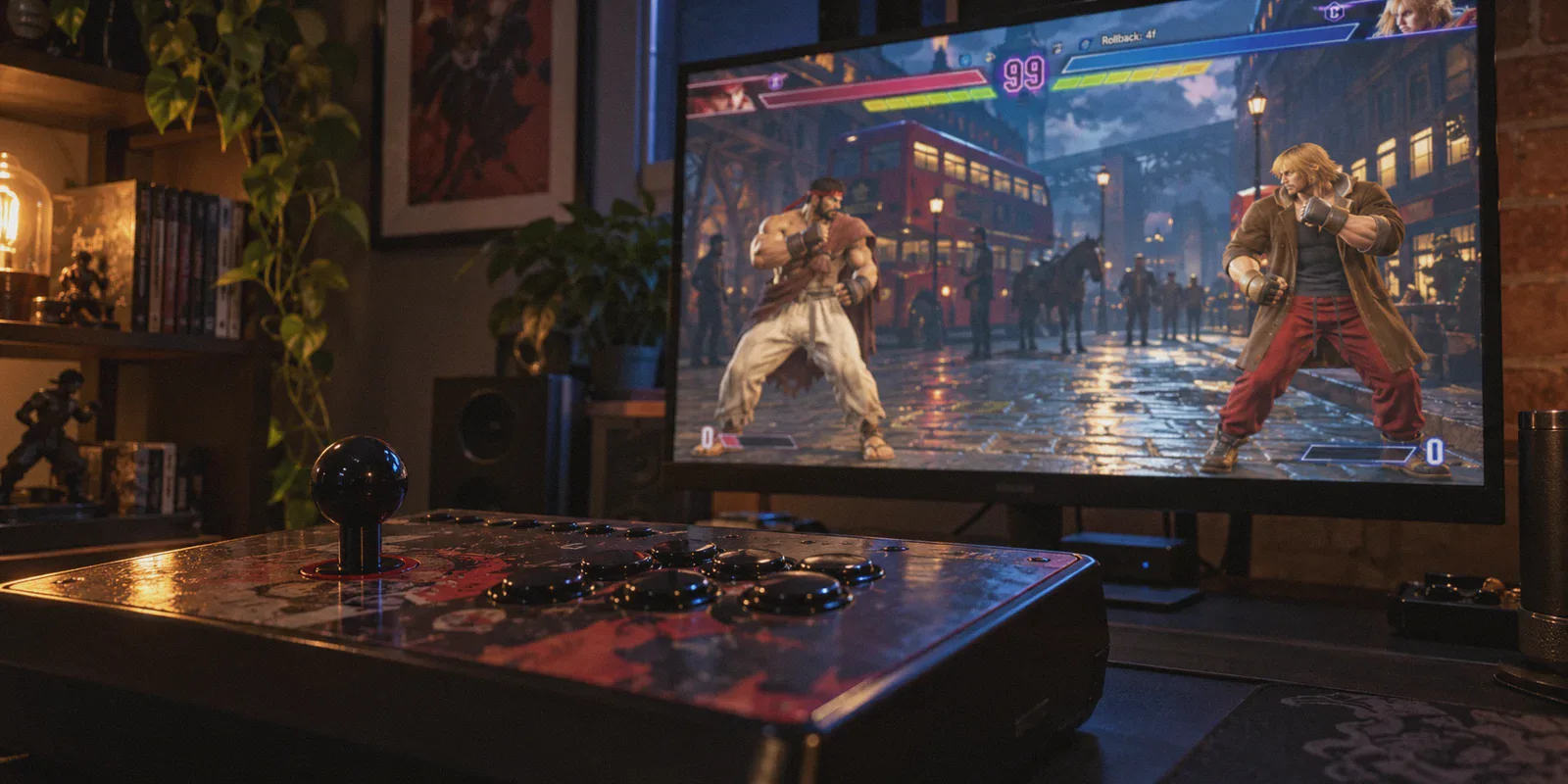 Arcade fight stick and Street Fighter 6 match with a rollback counter.