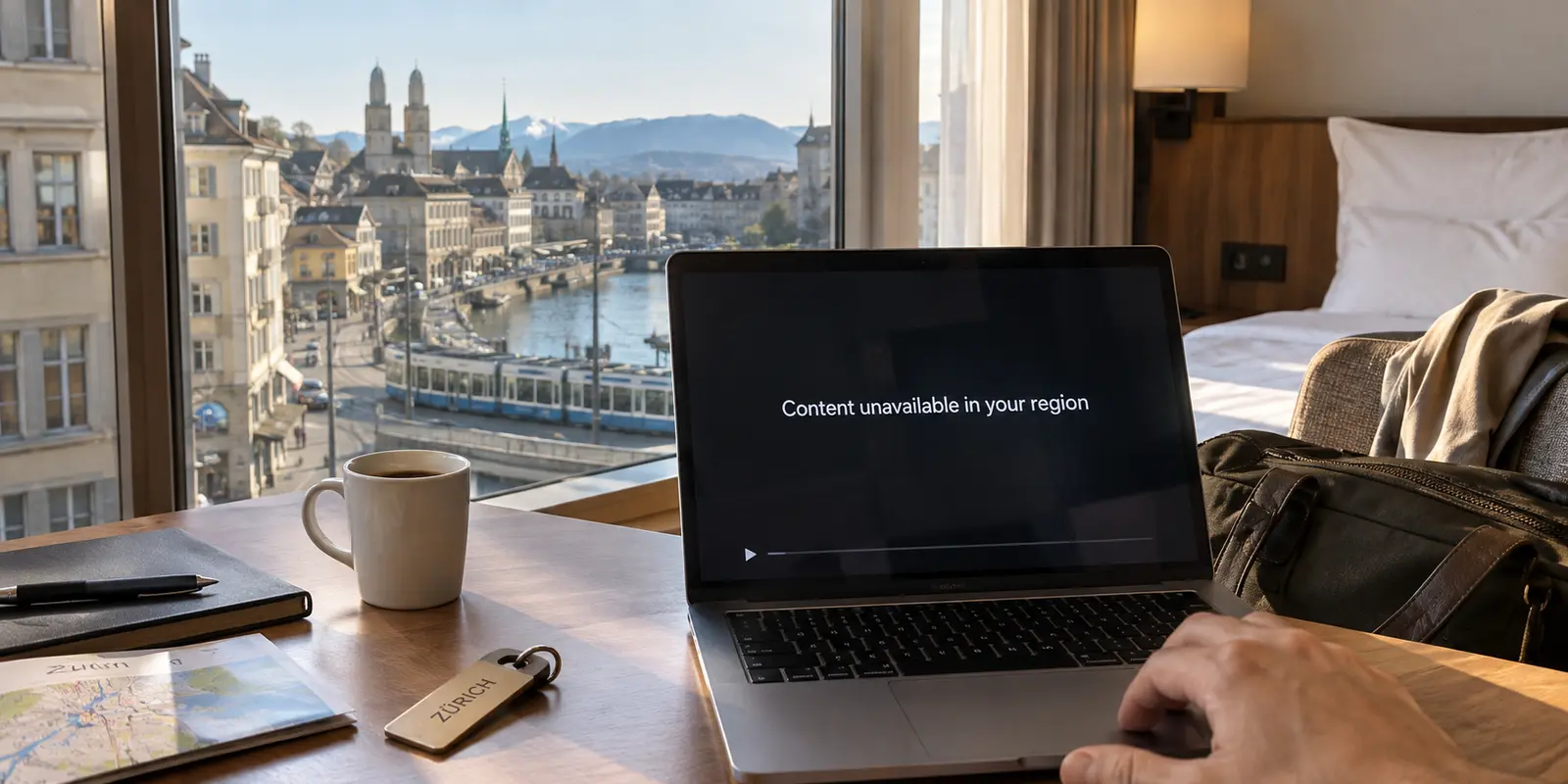 A Swiss broadcast is unavailable on a laptop inside a Zurich hotel room.
