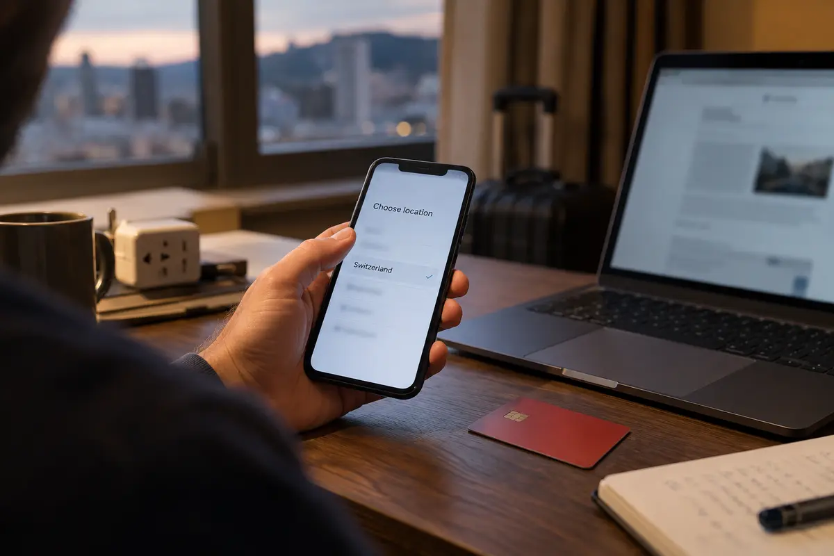 A traveler abroad deliberately selects Switzerland as the connection location.