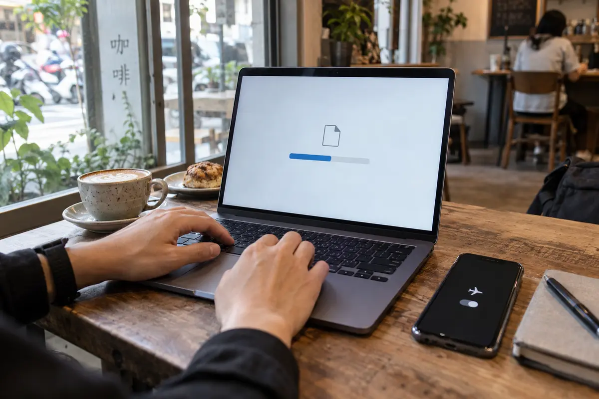 The same file upload continues over café Wi-Fi while mobile data is disabled.