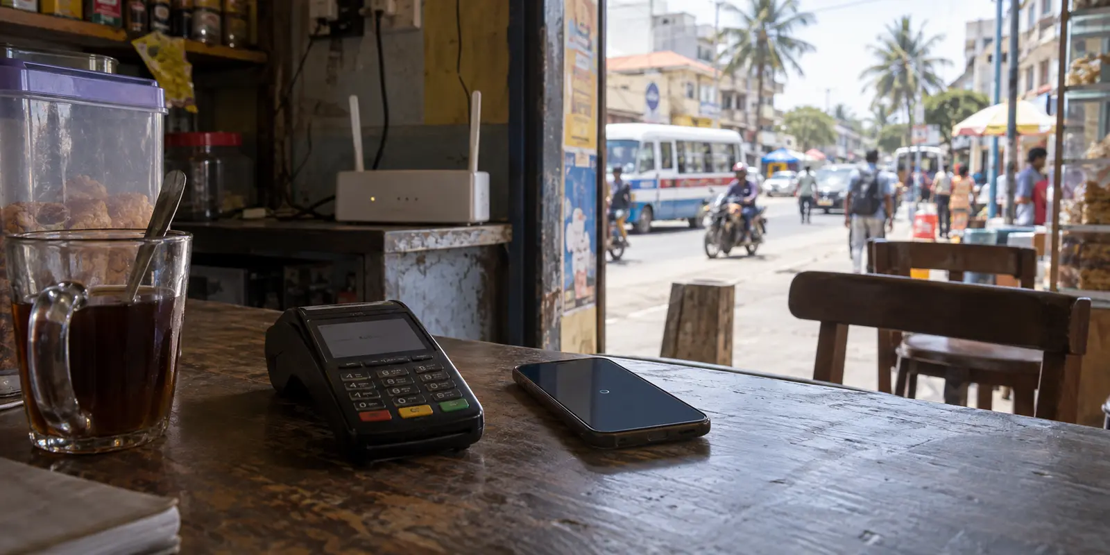 A payment handset and phone stalled during a network outage in a Dar es Salaam café