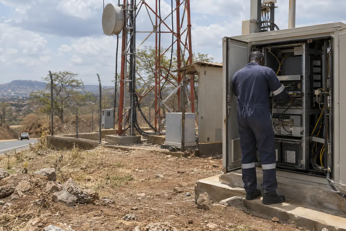 A telecommunications technician checking the physical equipment at a Tanzanian cellular tower