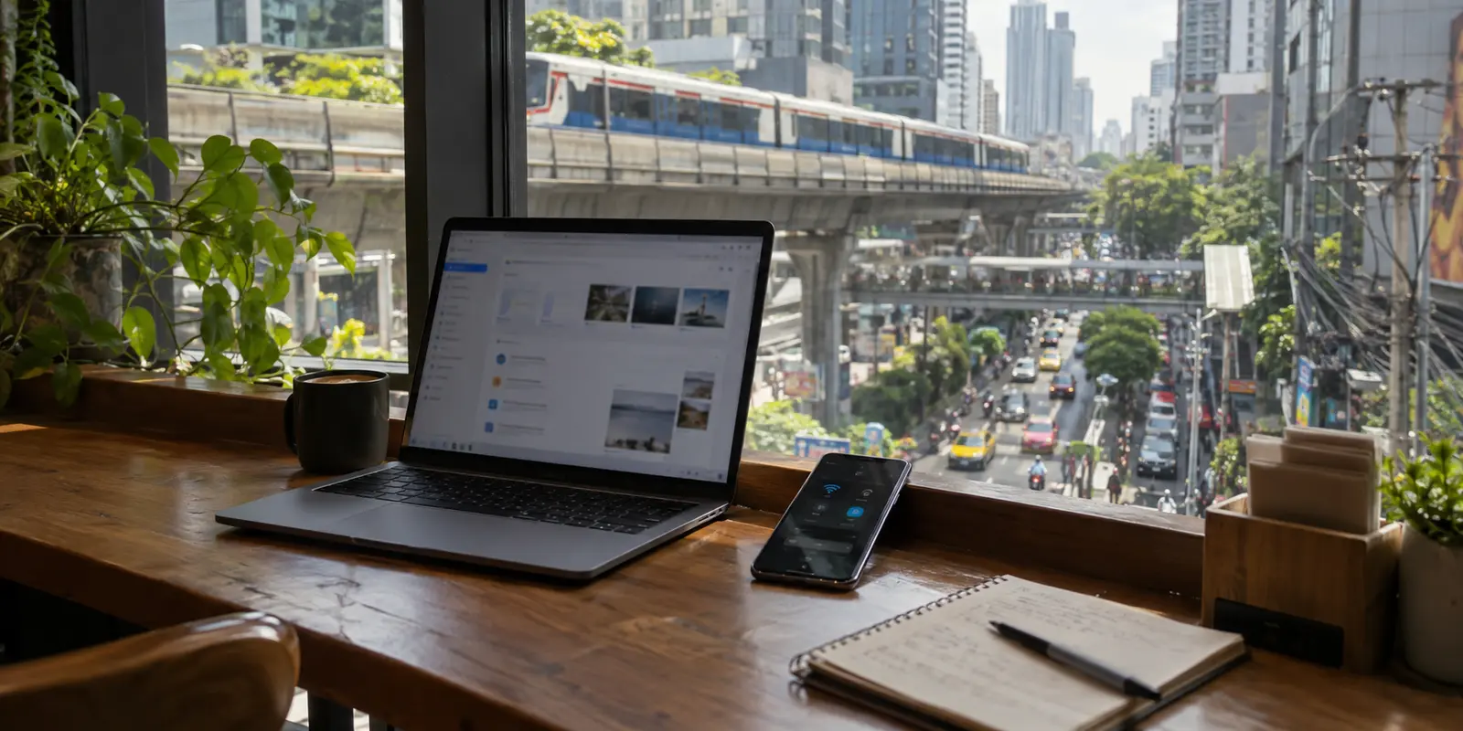 A laptop and phone using working networks beside Bangkok's elevated rail line