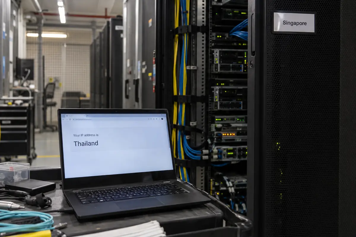 A laptop reporting a Thailand IP beside server hardware labeled Singapore