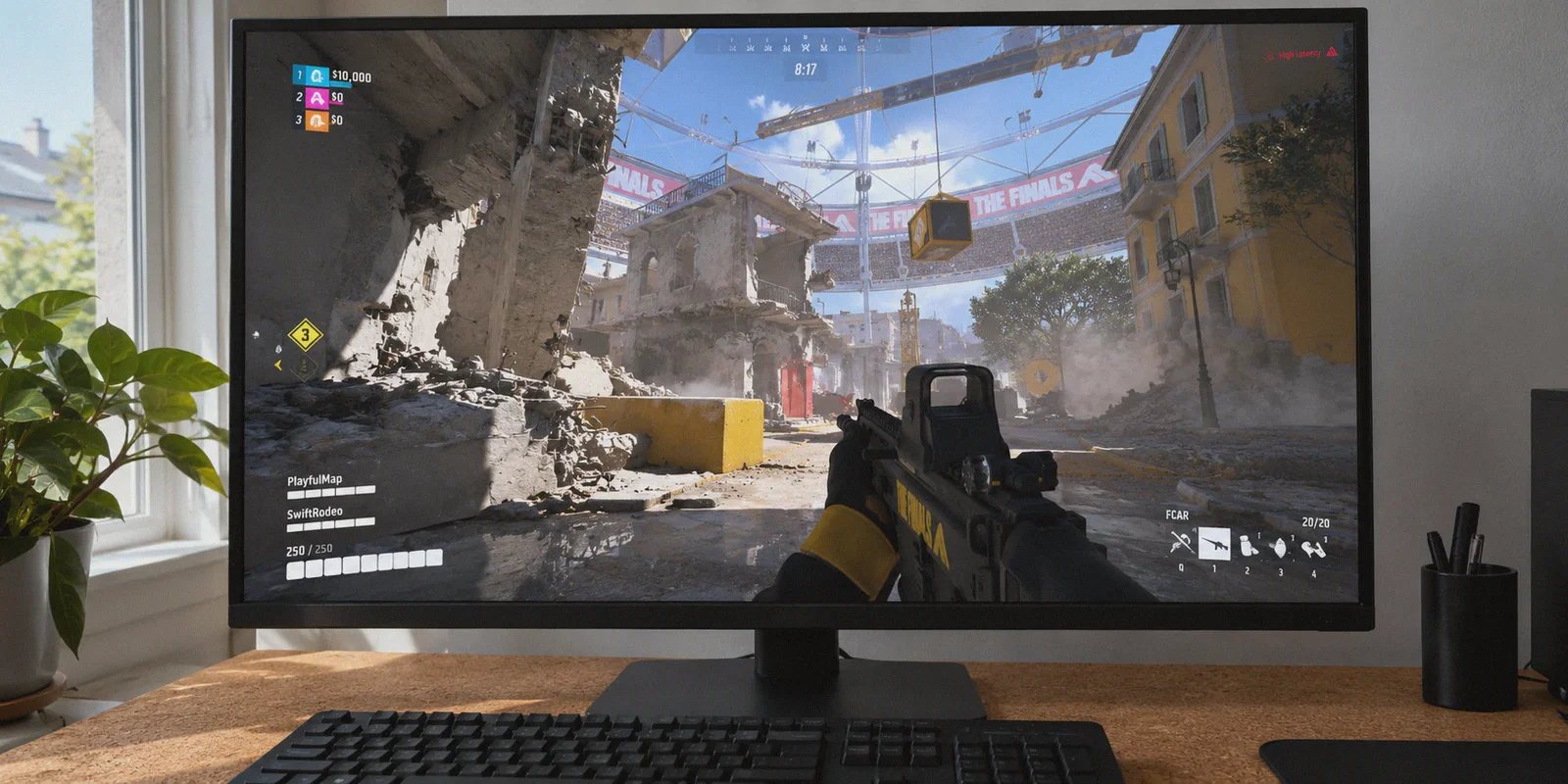 THE FINALS running on a desktop monitor during arena combat.