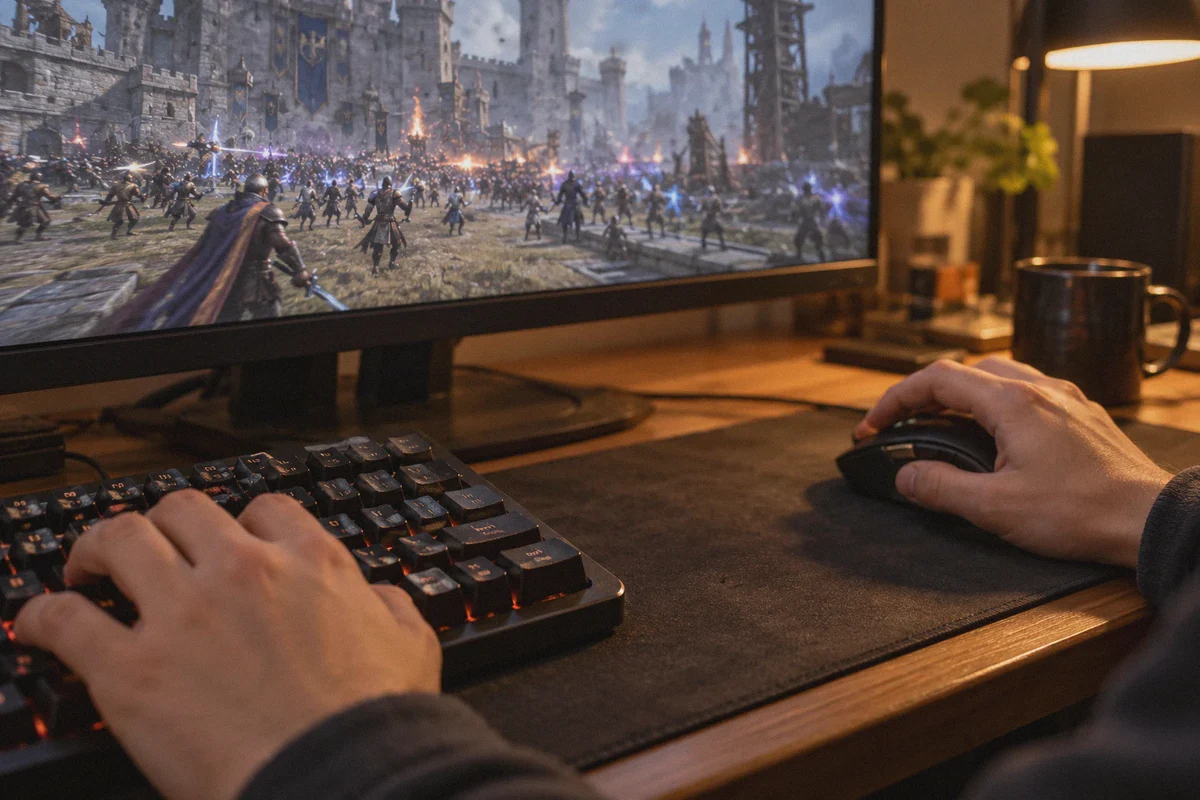 Hands at MMO controls during a crowded battle.