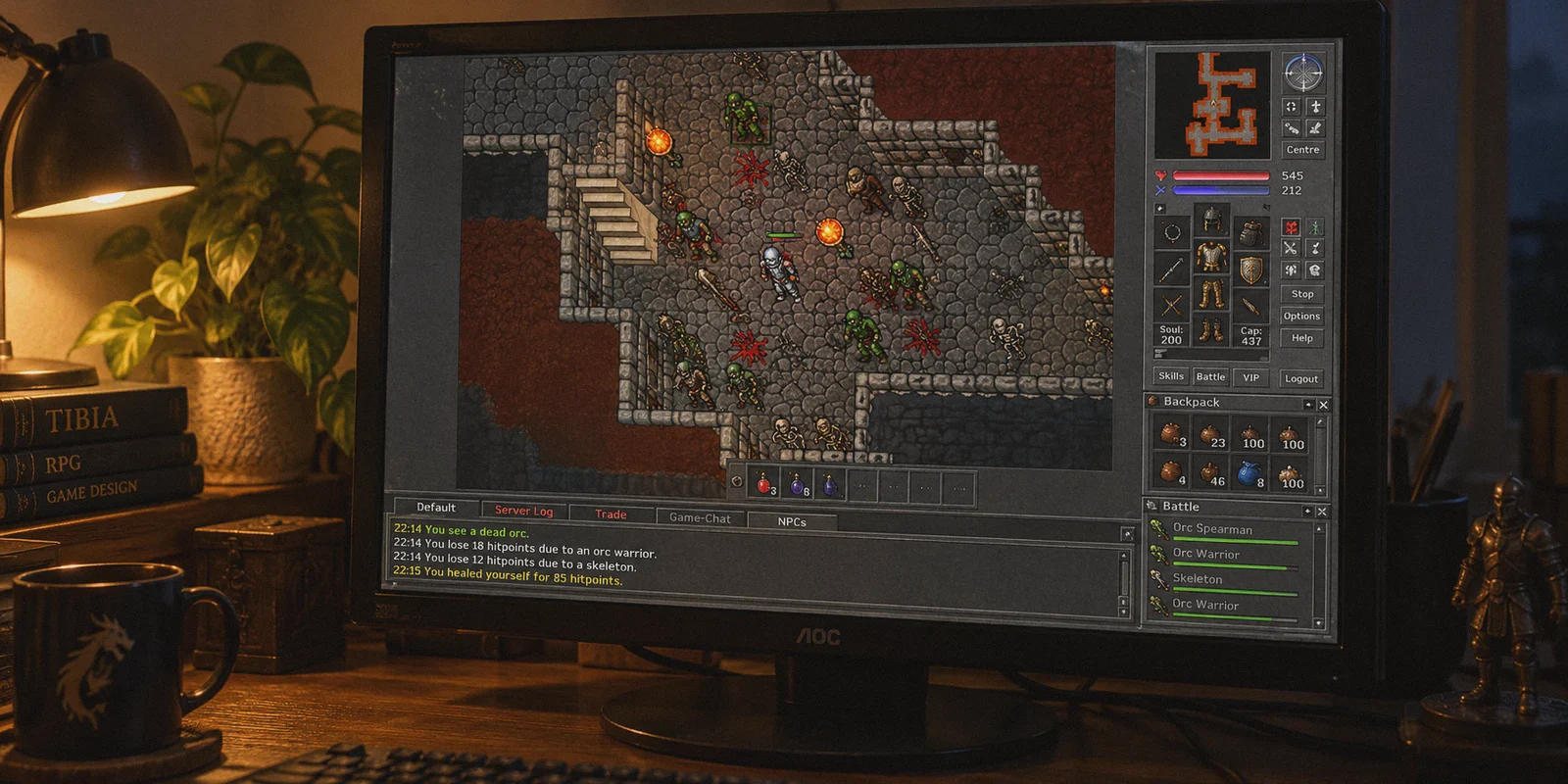 Tibia dungeon on a desktop monitor.