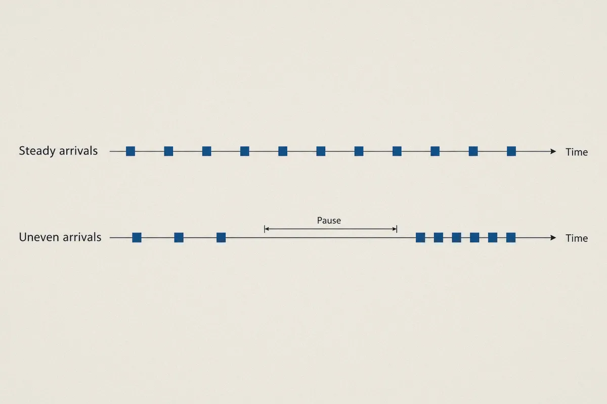Packet timelines showing steady and uneven arrivals.