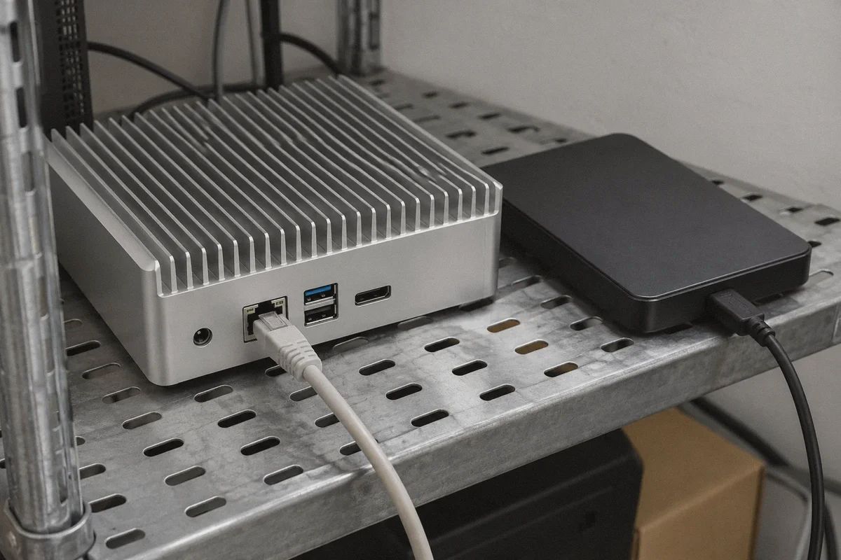 A compact seedbox computer and an external drive on a shelf.