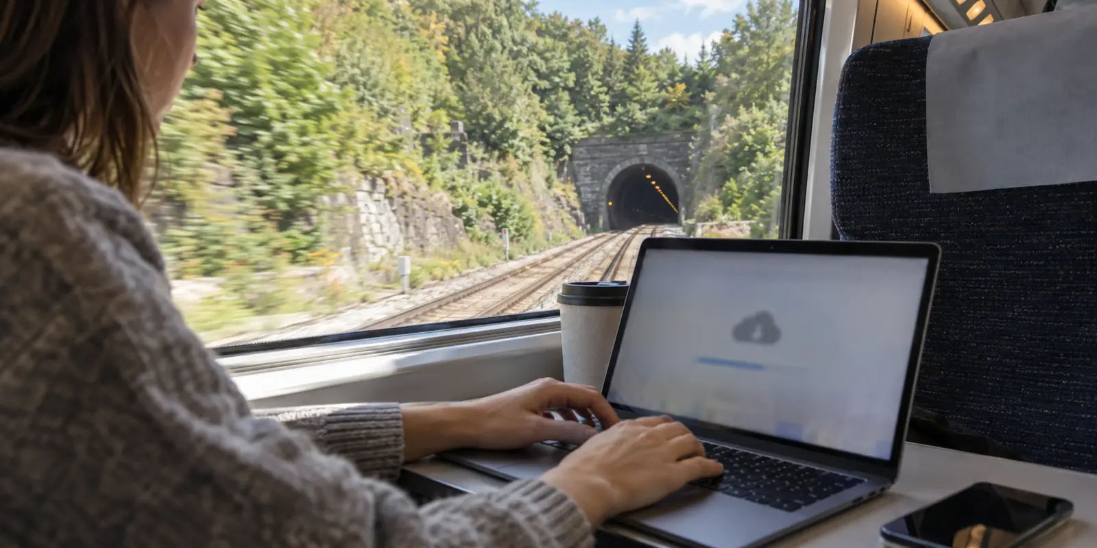 A traveler working on a laptop as a train approaches a tunnel