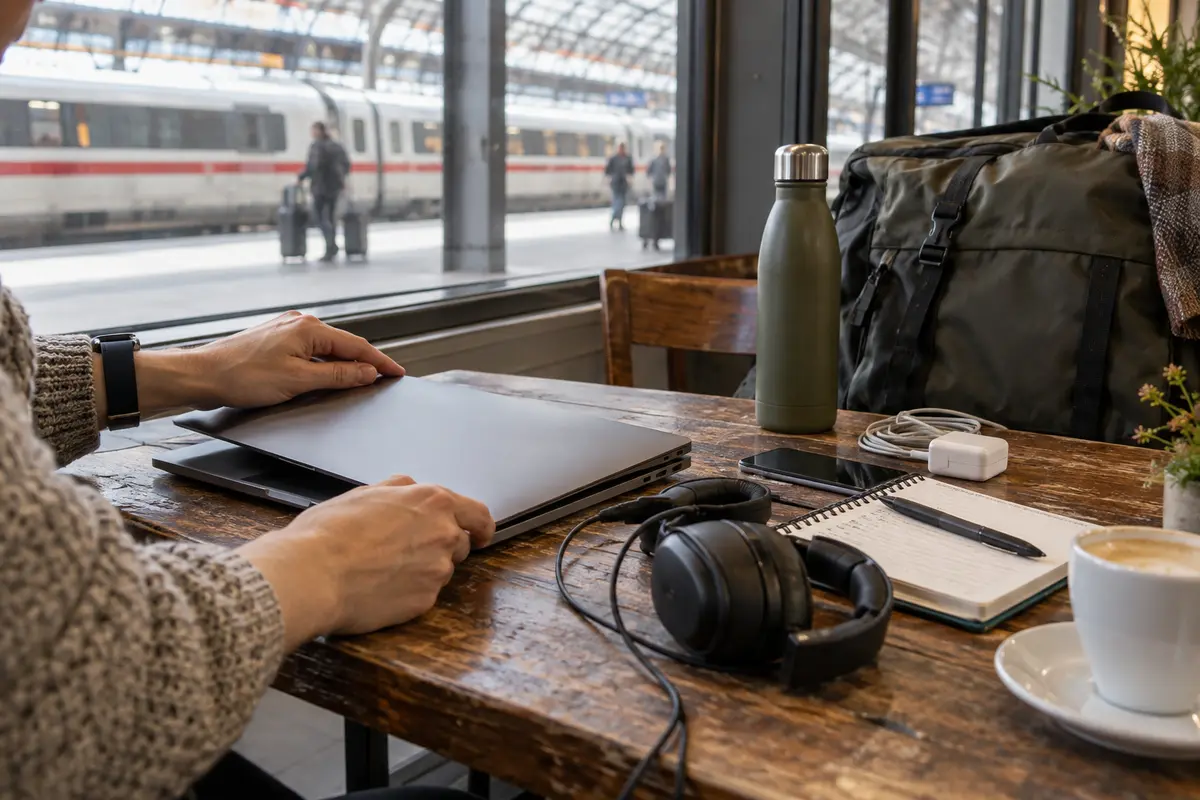 A traveler closing a prepared laptop beside a packed bag at a station café