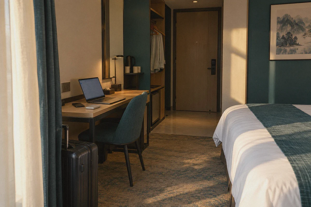 Laptop and travel devices in a hotel room.