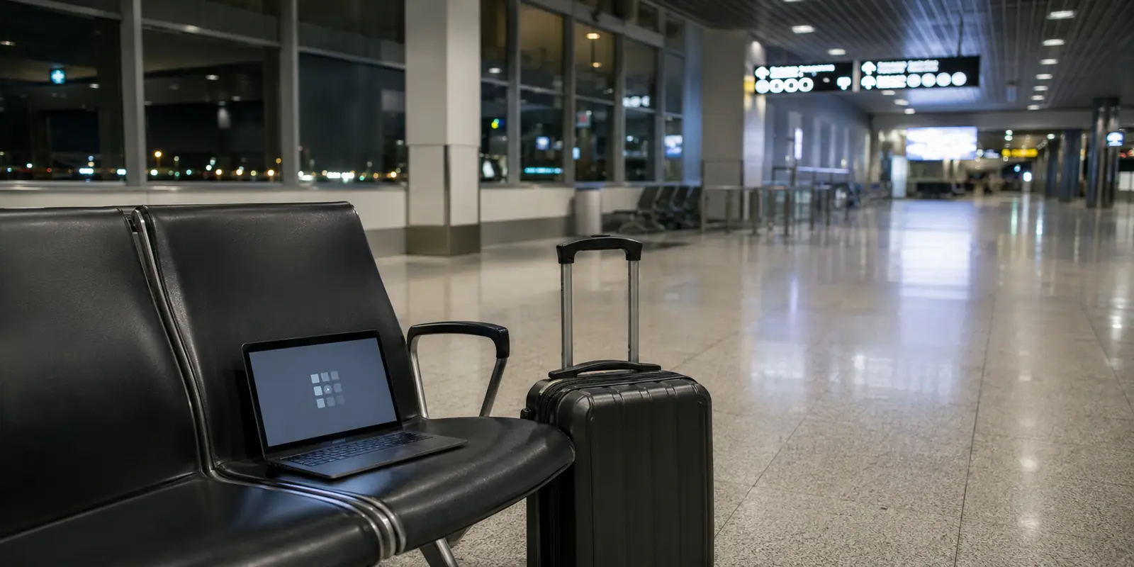 An open laptop with an indistinct verification challenge beside a carry-on in a nearly empty airport arrivals hall at night