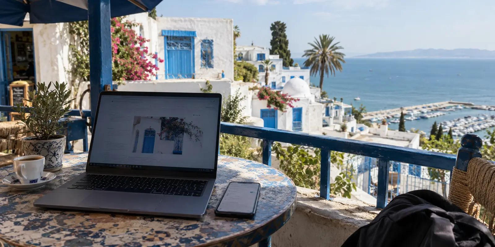 A laptop and phone using a café connection on a terrace in Tunisia