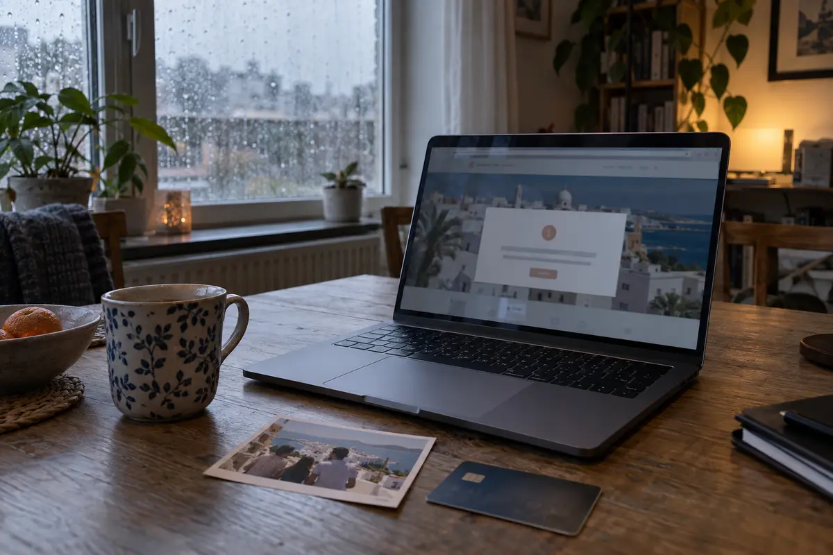 A Tunisian domestic portal failing to proceed on a laptop in a rainy flat abroad