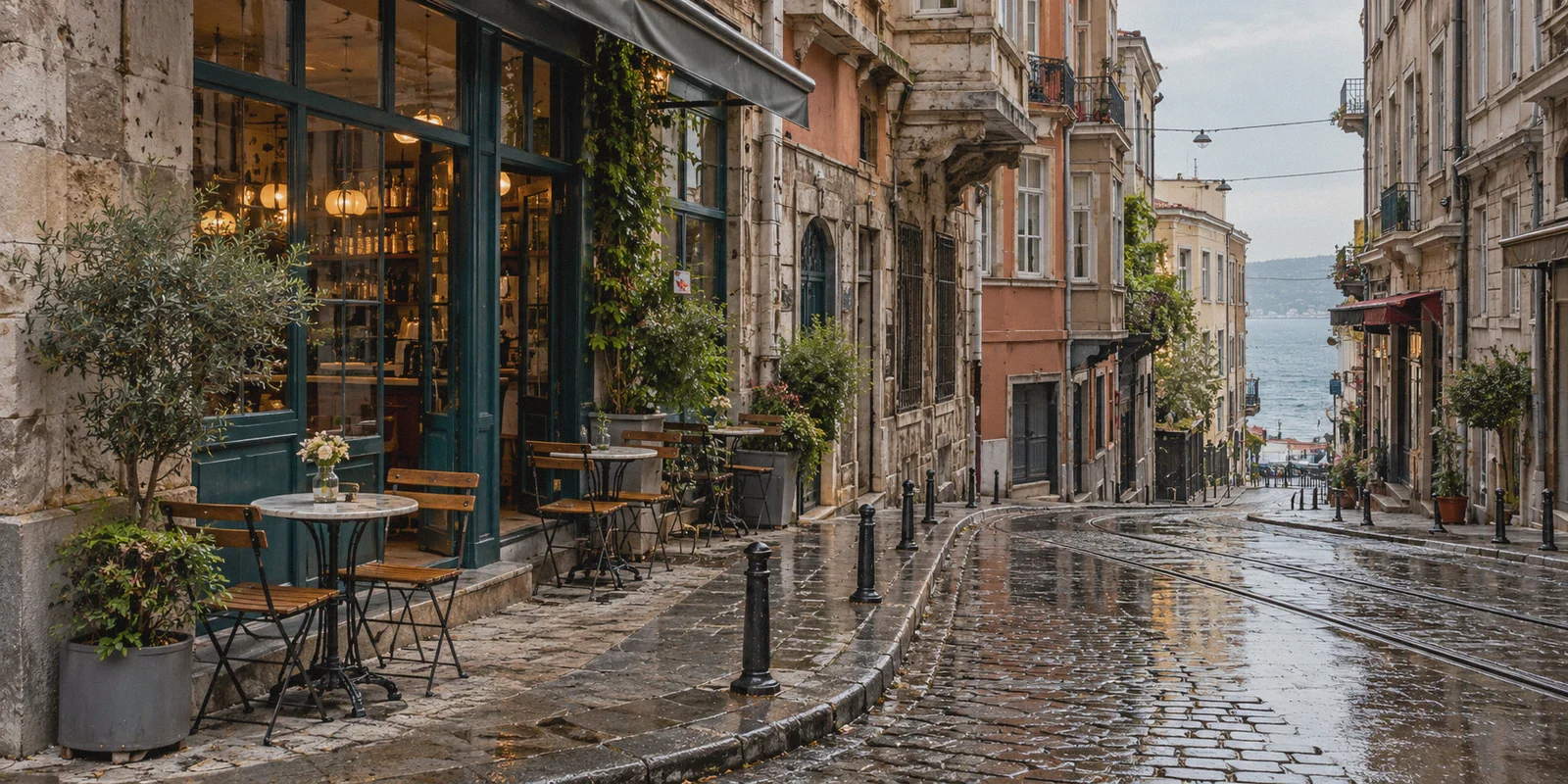 A rain-washed cafe street in Istanbul near the Bosphorus.
