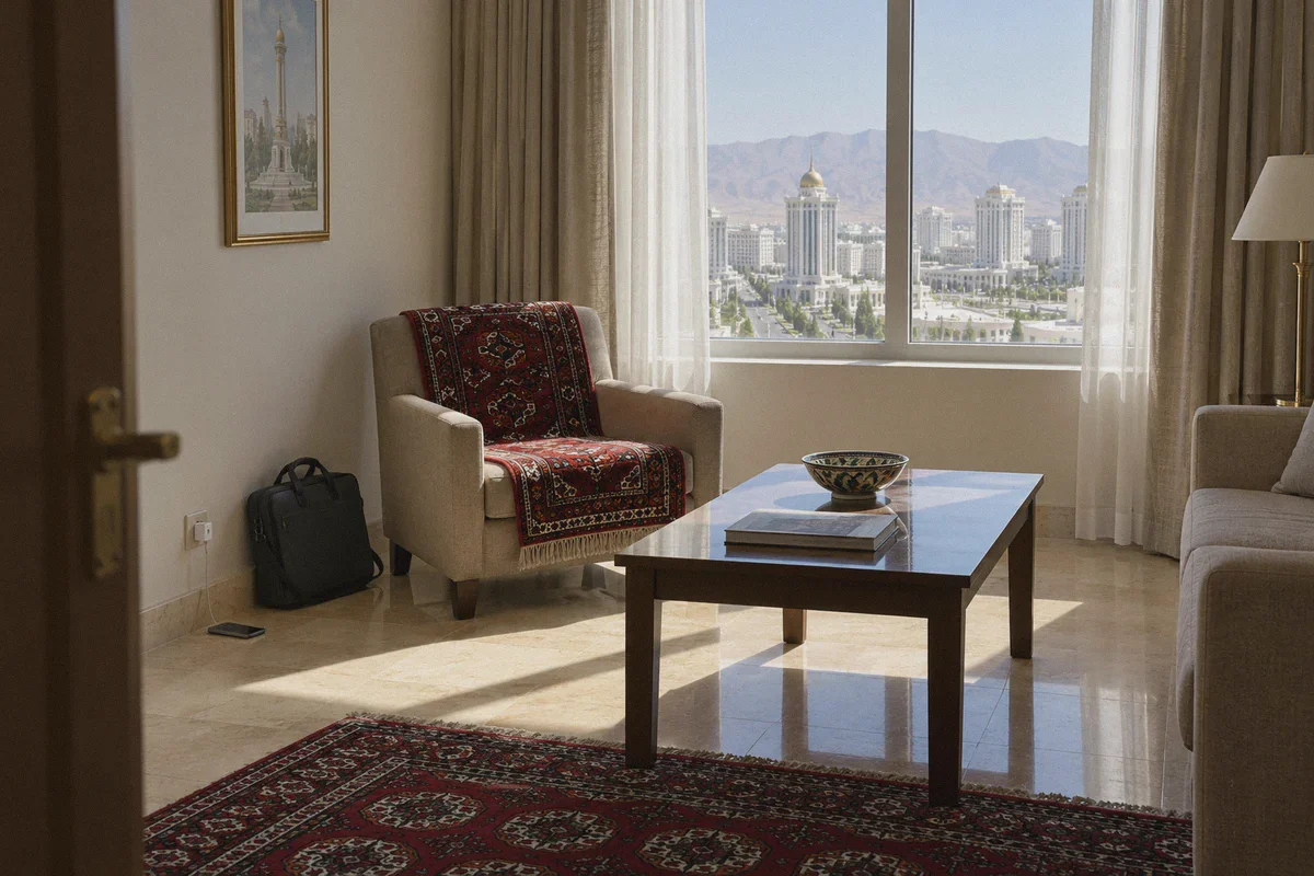 A hotel sitting area prepared for a traveler’s connected devices.