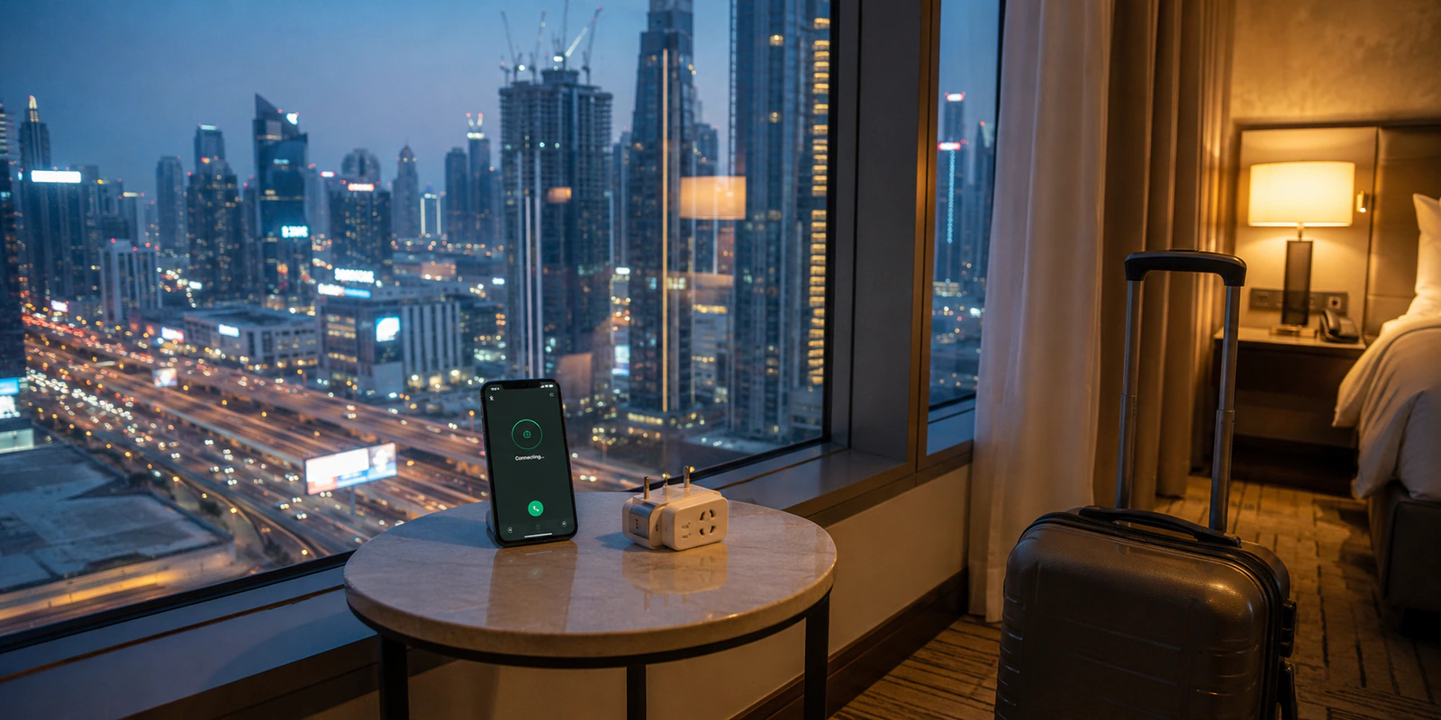 A phone on a Dubai hotel table remains stuck on ‘Connecting…’ despite a strong Wi-Fi signal and a working city network outside.