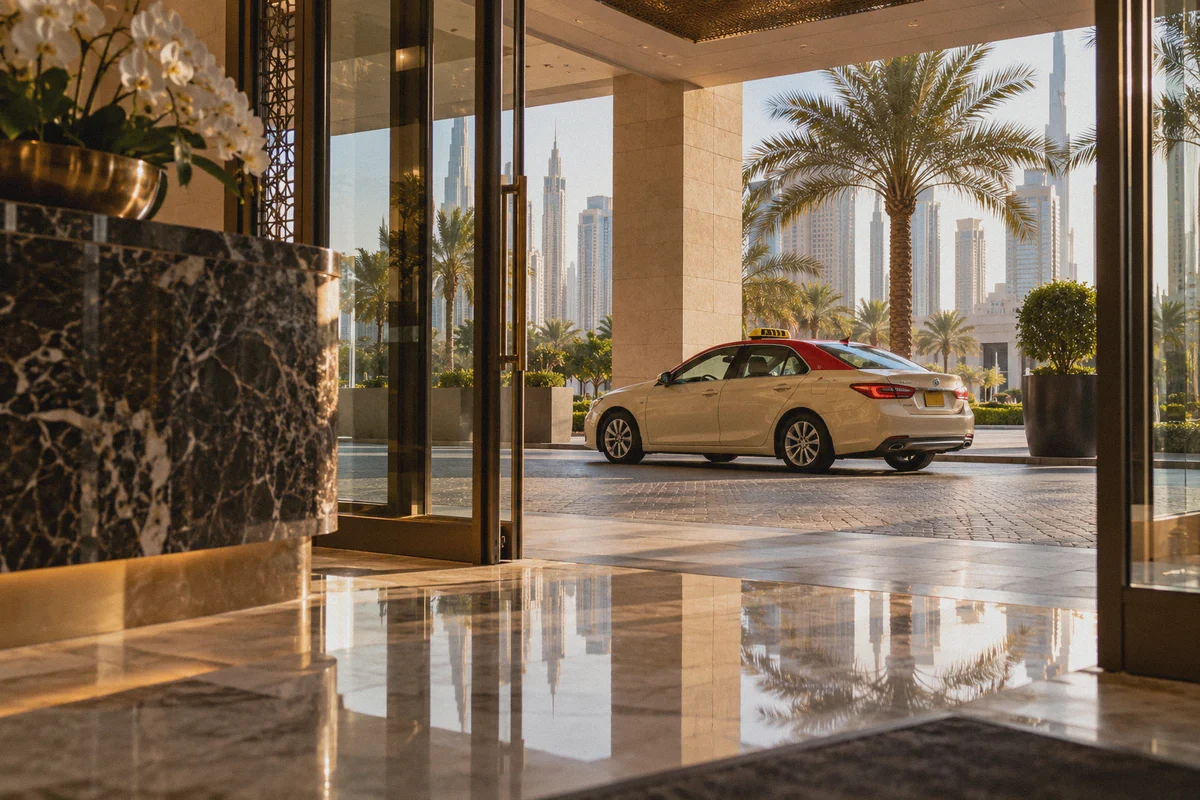 Dubai hotel entrance opening onto the taxi pickup area.