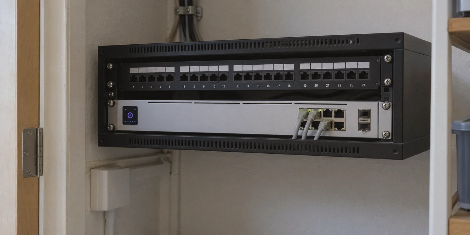 A UniFi Dream Machine Pro in a home network cabinet.