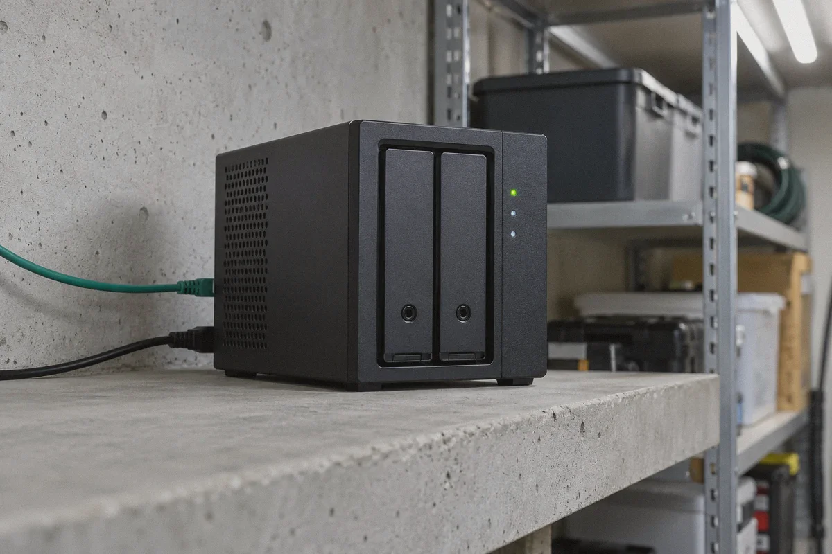 A headless NAS connected on a utility shelf.