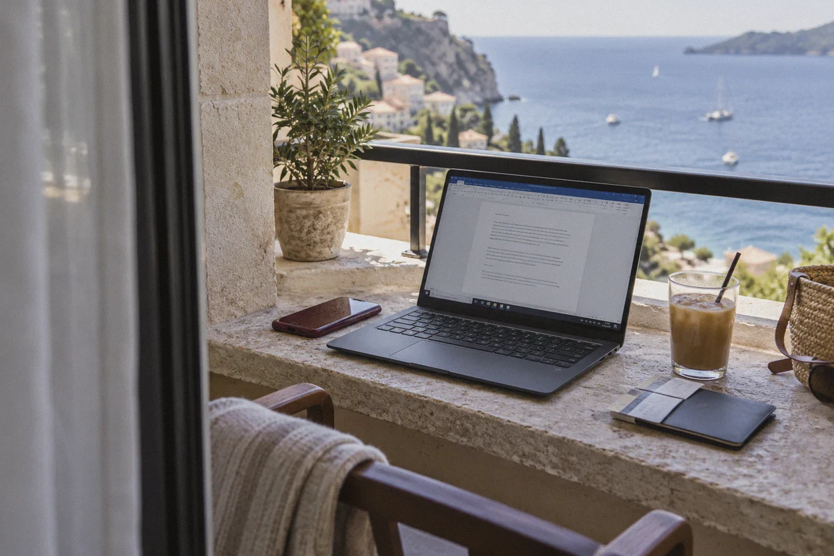A traveling freelancer’s laptop and phone on a hotel balcony.