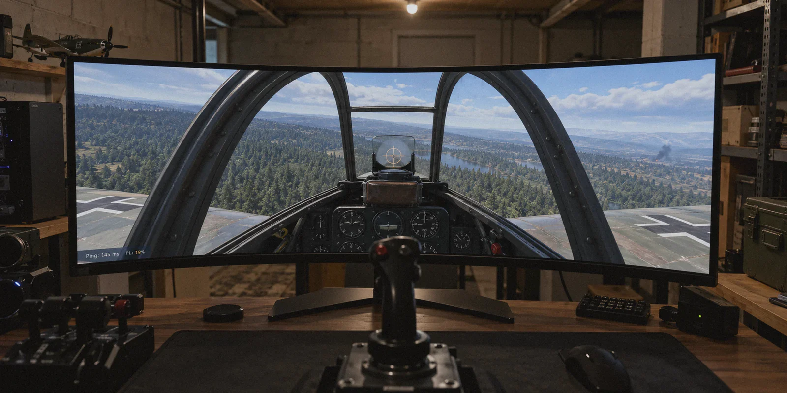 Flight combat game with a packet-loss readout.