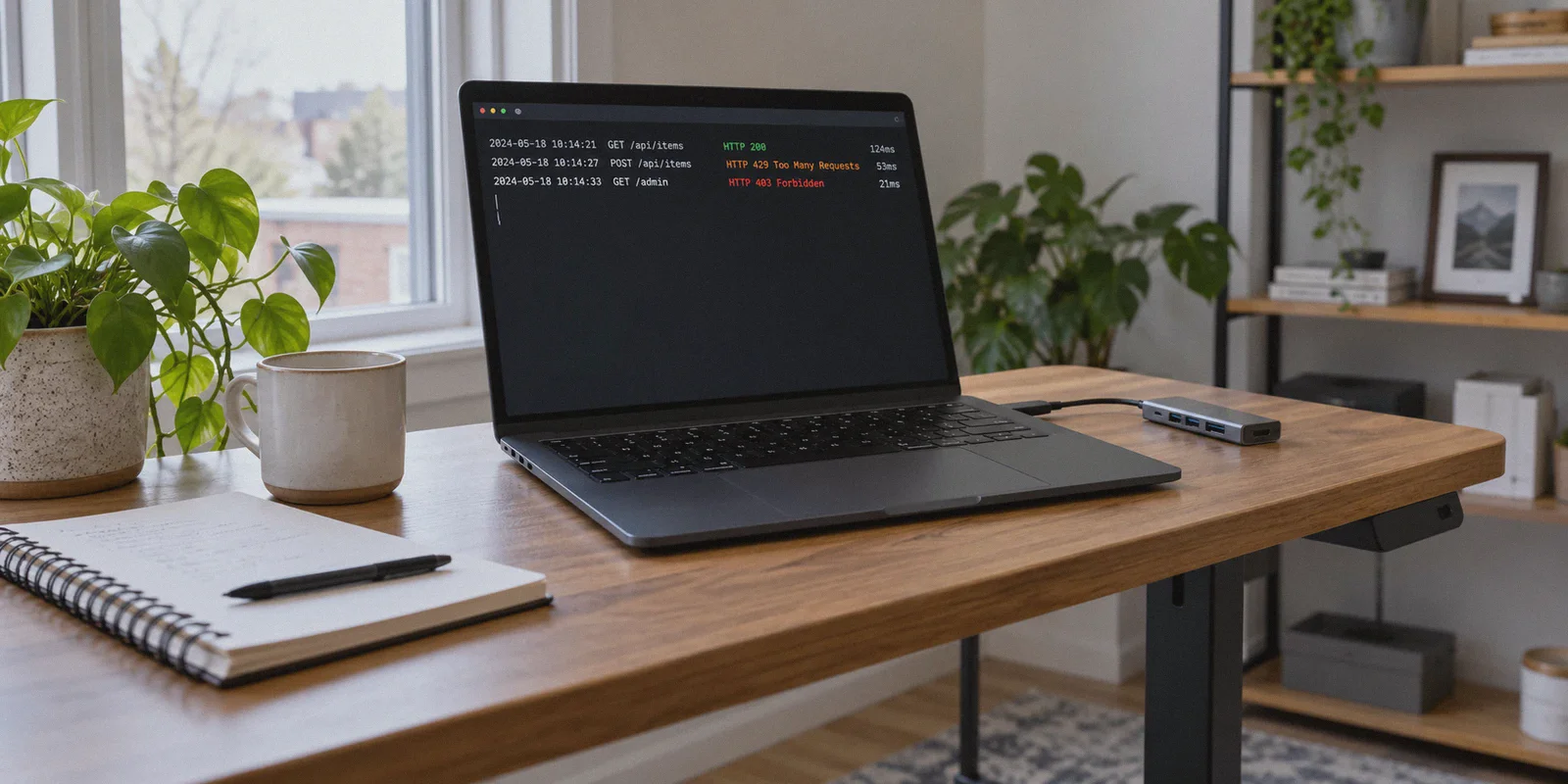 Development laptop displaying HTTP rate-limit and access errors.