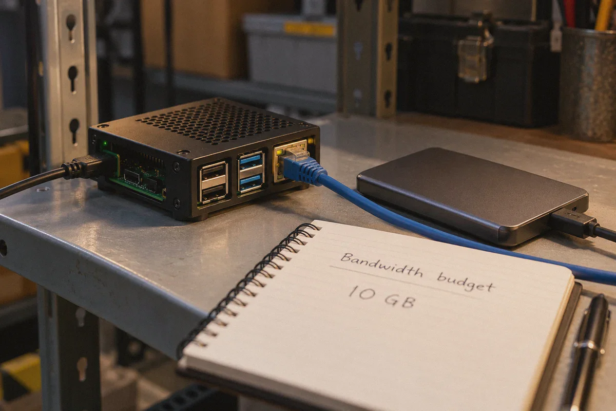 Small data-processing computer beside a bandwidth-budget notebook.