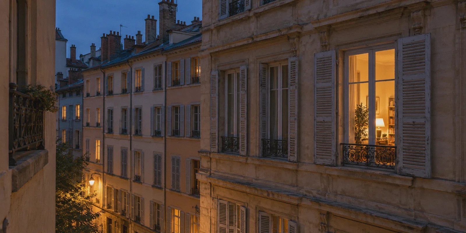Residential street in Lyon at blue hour.